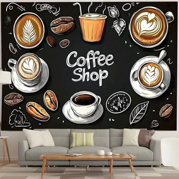 Coffee Latte Art Tapestry – Black Background Wall Hanging with Coffee-Themed Illustrations for Home, Café, or Event Décor 1