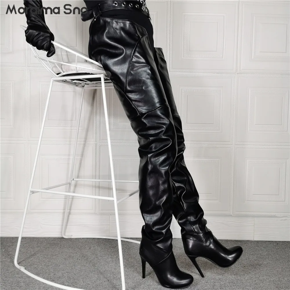 Black Loose Pointed Toe Fashion Belt Boots Stiletto Personality Romper Over The Knee Boots Large Size Sexy Women's Boots