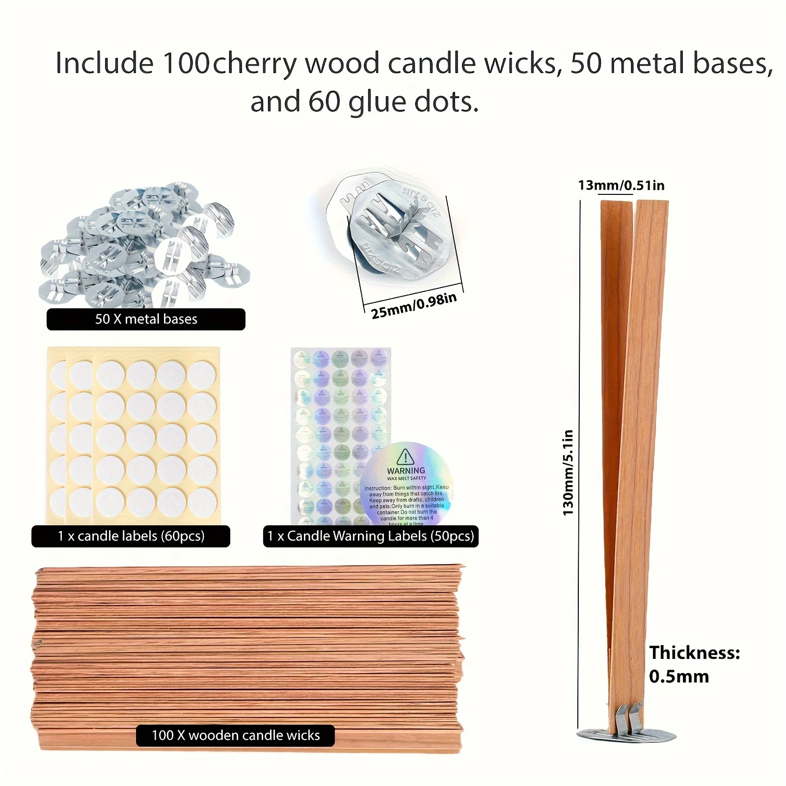 Candle Making Wick 100 pcs Wooden Candle Wick Wood Smokeless Crack Wood Wick with 50 pcs Iron Frame 60 pcs Glue Dots 50 pcs Warning Label candle wick candle wicks