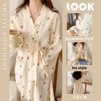 Cartoon Bear Print Sleepwear V-Neck Long Sleeve Bathrobe Robe Home Clothes Women Style Autumn Spring Seasonal Loungewear