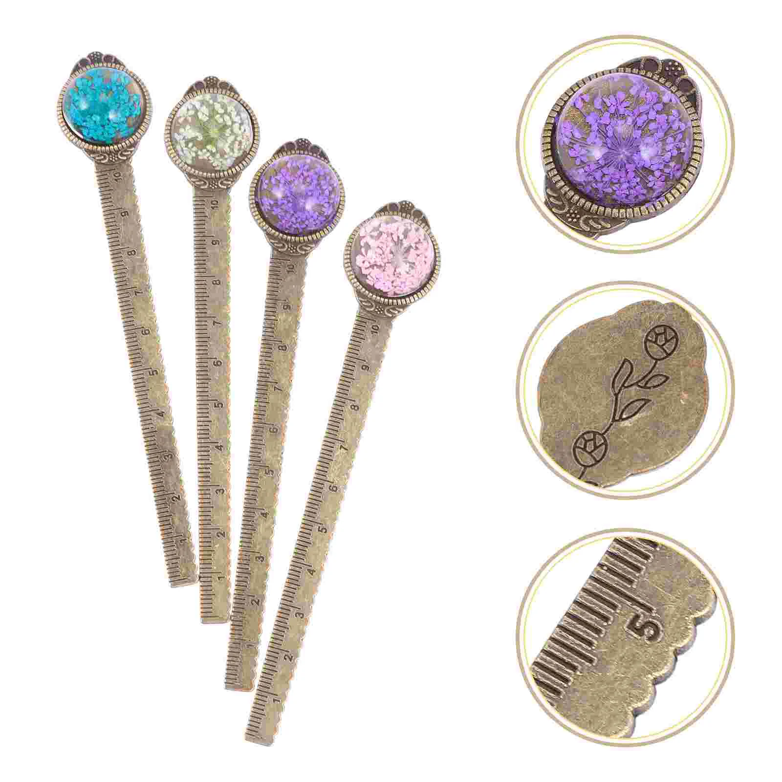 4 Pcs Bookmark Decorative Ruler Bookmarker Dried Flower Bookmarks Retro Preserved Alloy