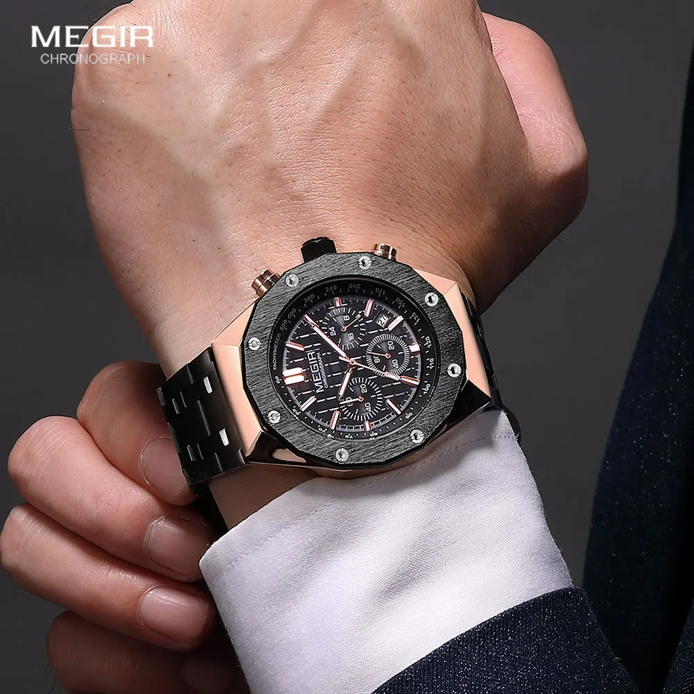 Megir-relógio de Pulso de Quartzo Masculino Impermeável Data Automática Ponteiros Luminosos Cronógrafo Vestido de Moda 2213 - Image 4