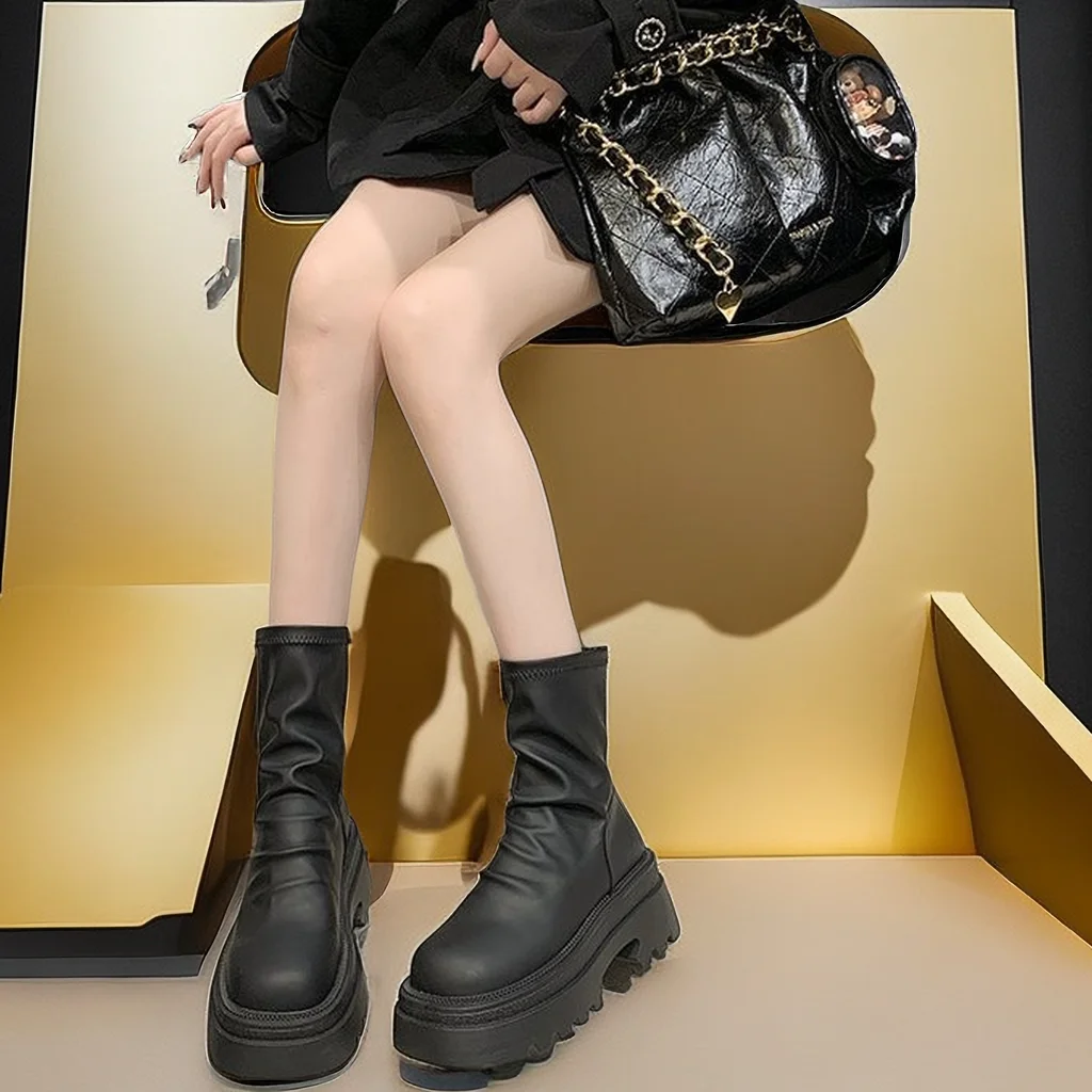 

Korean Black Pleated Platform Stretch Boots Square Heel Knee-High Solid ZIP Women Shoes Fashion Winter Patent Leather Femme