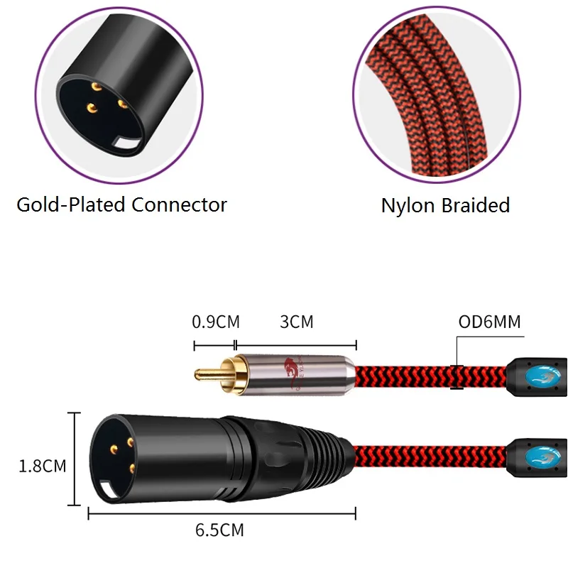 Câble Audio XLR Mâle Vers RCA Mâle | Longueur 0.5M (1.6FT) | Connexion Table De Mixage, Ampli, Micro | Connecteurs Dorés, Câble Cuivre