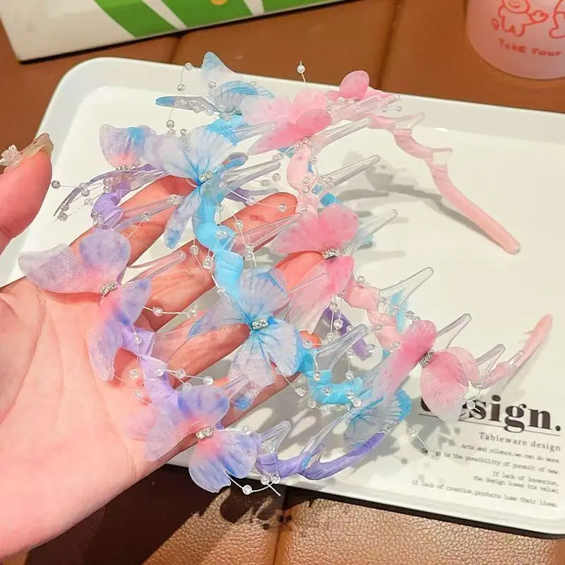 2025년 신상품 어린이용 컬러풀 나비 머리띠: 공주 스타일 웨이브 디자인, 미끄럼 방지 톱니, 생동감 있고 요정 같은, 모든 헤어스타일에 적합