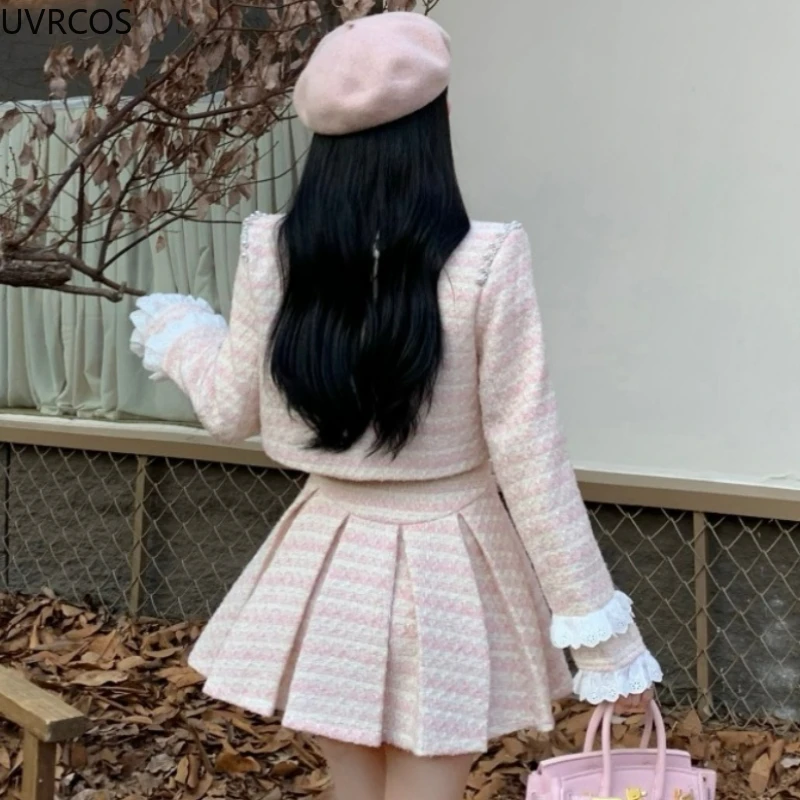 여성용 귀여운 트위드 투피스 세트, 귀여운 레이스 패치워크 모직 재킷, 우아한 진주 플리츠 미니 스커트 슈트, 핑크 가을 겨울