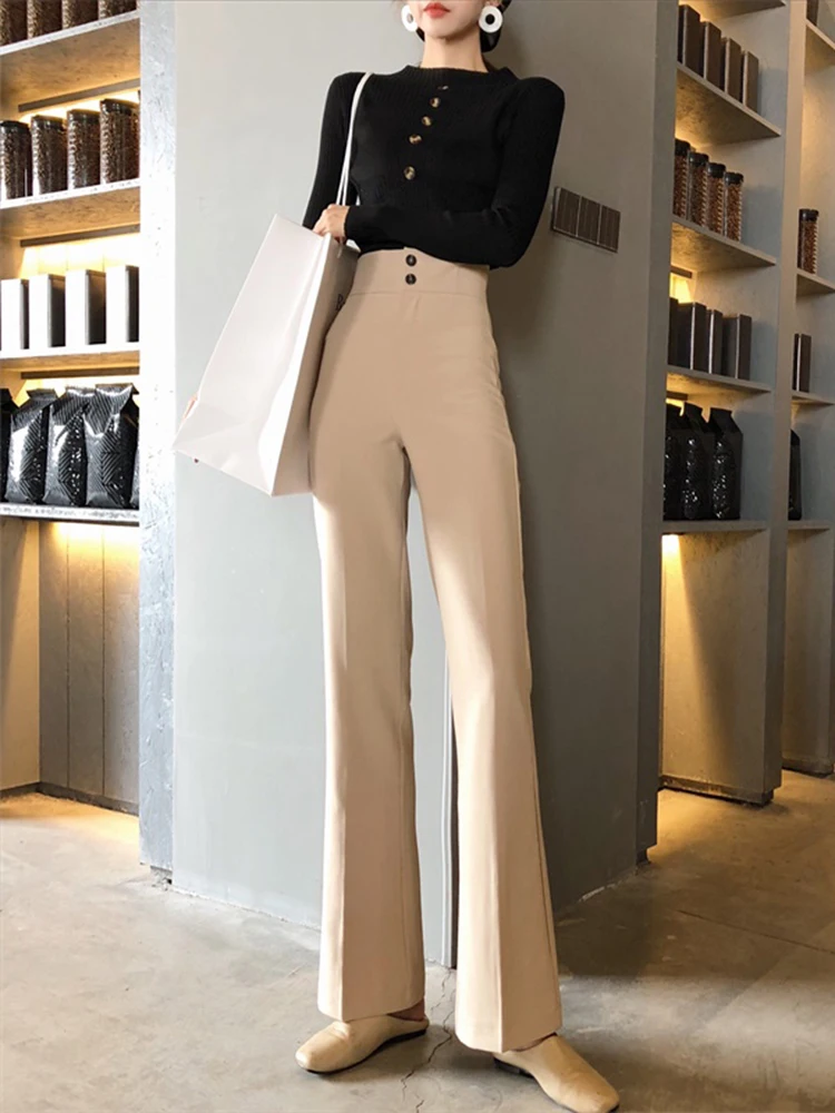 

New Spring Autumn Women Casual Pants Fashion Vintage Button High Waist Wide Legs Versatile Office Lady Mopping Trouser Femme