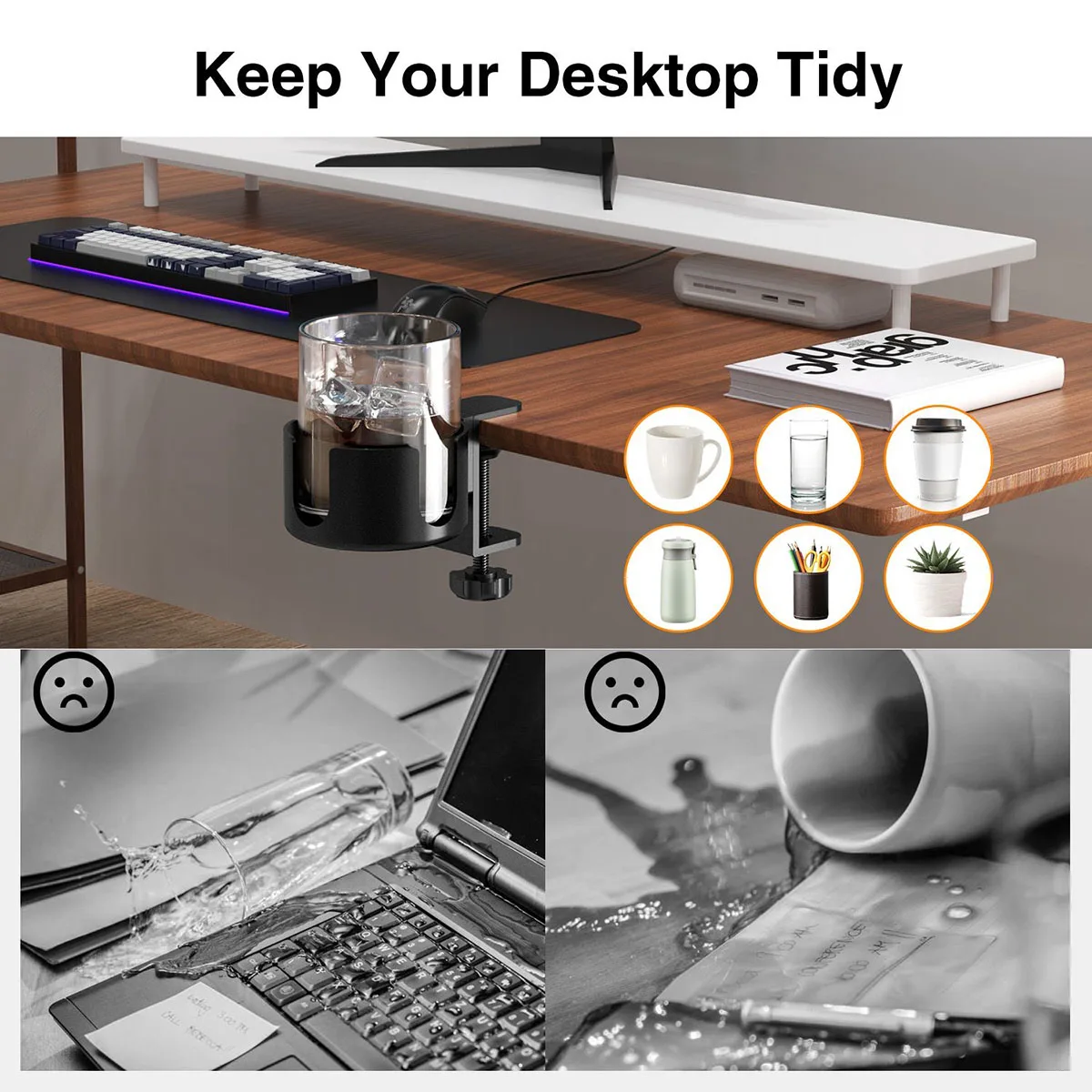 Desk Cup Holder Universal Adjustable Arm Clamp Stand For Coffee Mugs Water Bottles