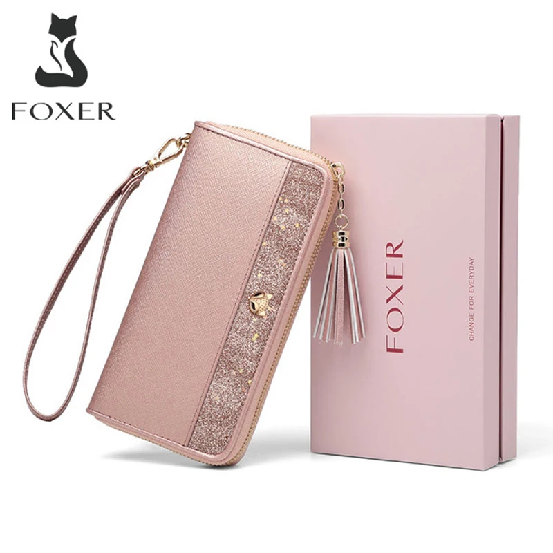 FOXER 여성용 글리터 스플릿 가죽 장지갑, 손목 장식, 럭셔리 여성 선물 지..