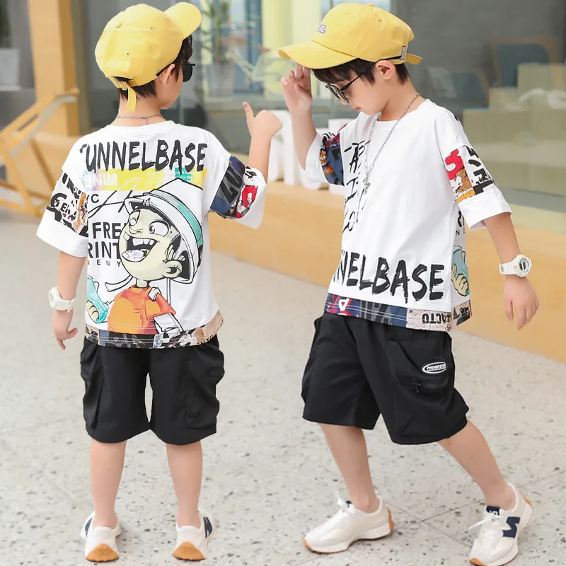 

Boys Clothing Sets Fashion Hip Hop Style Summer Kids Letter Anime Print Tracksuit 2 Piece Boy Sportswear Party Clothes Outfit
