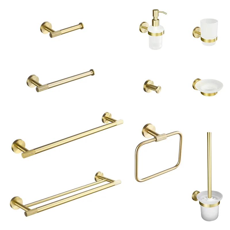 Brushed Gold Brass Knurled Round Kit Toilet Brush Towel Bar Ring Robe Hook Paper Holder Towel Ring Cup Holder Soap Dish Set