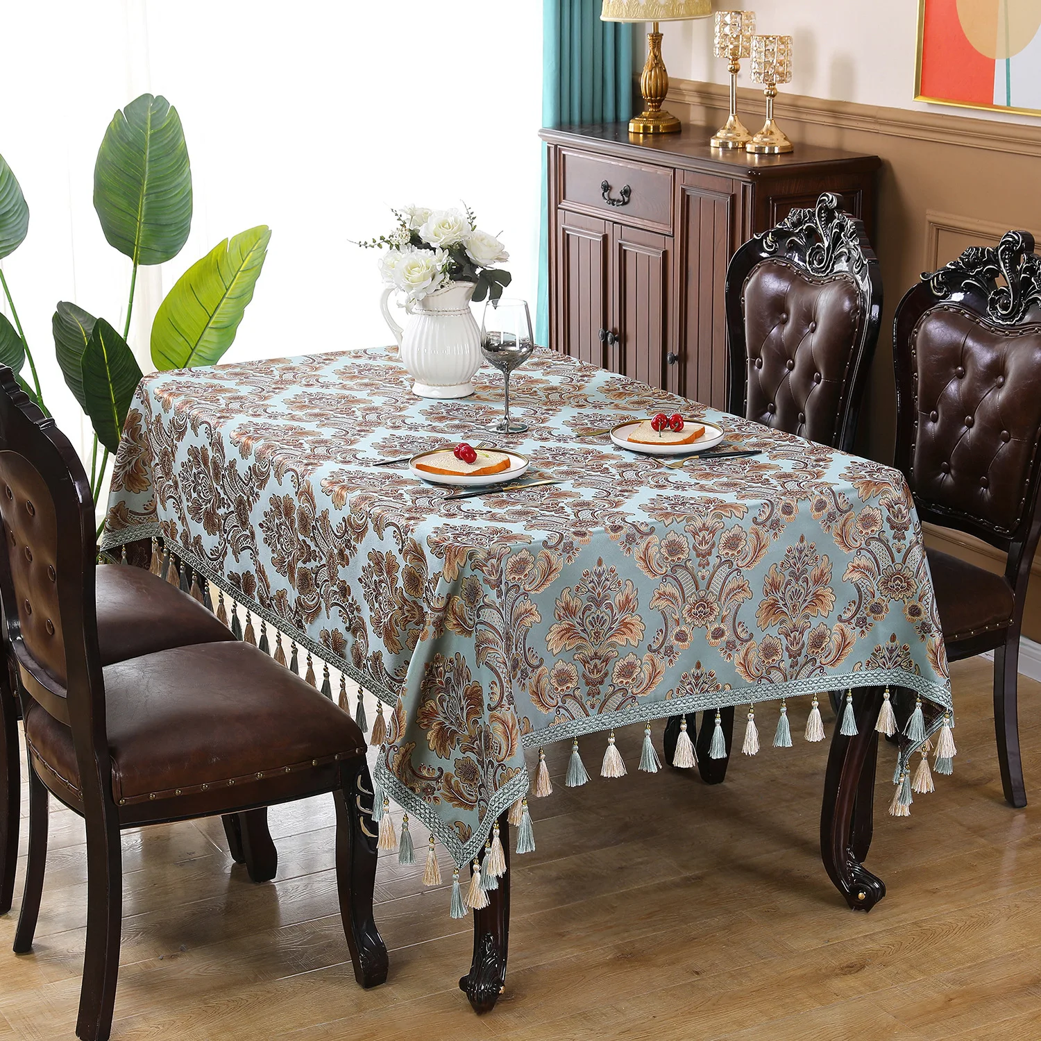 

European Tablecloth Embroidered Jacquard Dining Table Cloth Vintage Tassel Tea Table Cover Chinese Style Satin Square Tablecloth