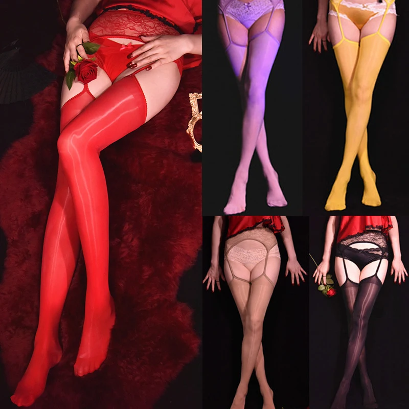 

Sheer Sexy Thigh High Pantyhose Garter Belts 8D Hosiery Glossy Suspender Tights Oil Shiny Crotchless Lace Stockings For Women