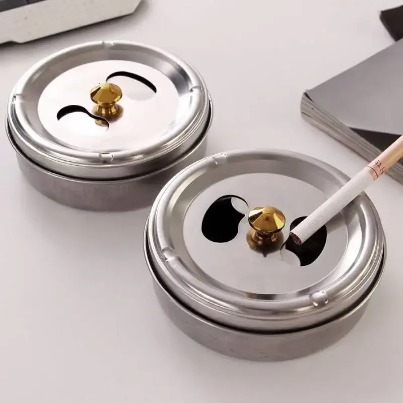 Round Spinning Ashtray With Cover Smoking Accessories Portable Stainless Steel Ashtray Lid Rotation Fully Enclosed Home Gadgets cigarettes ashtray,stainless steel ashtray