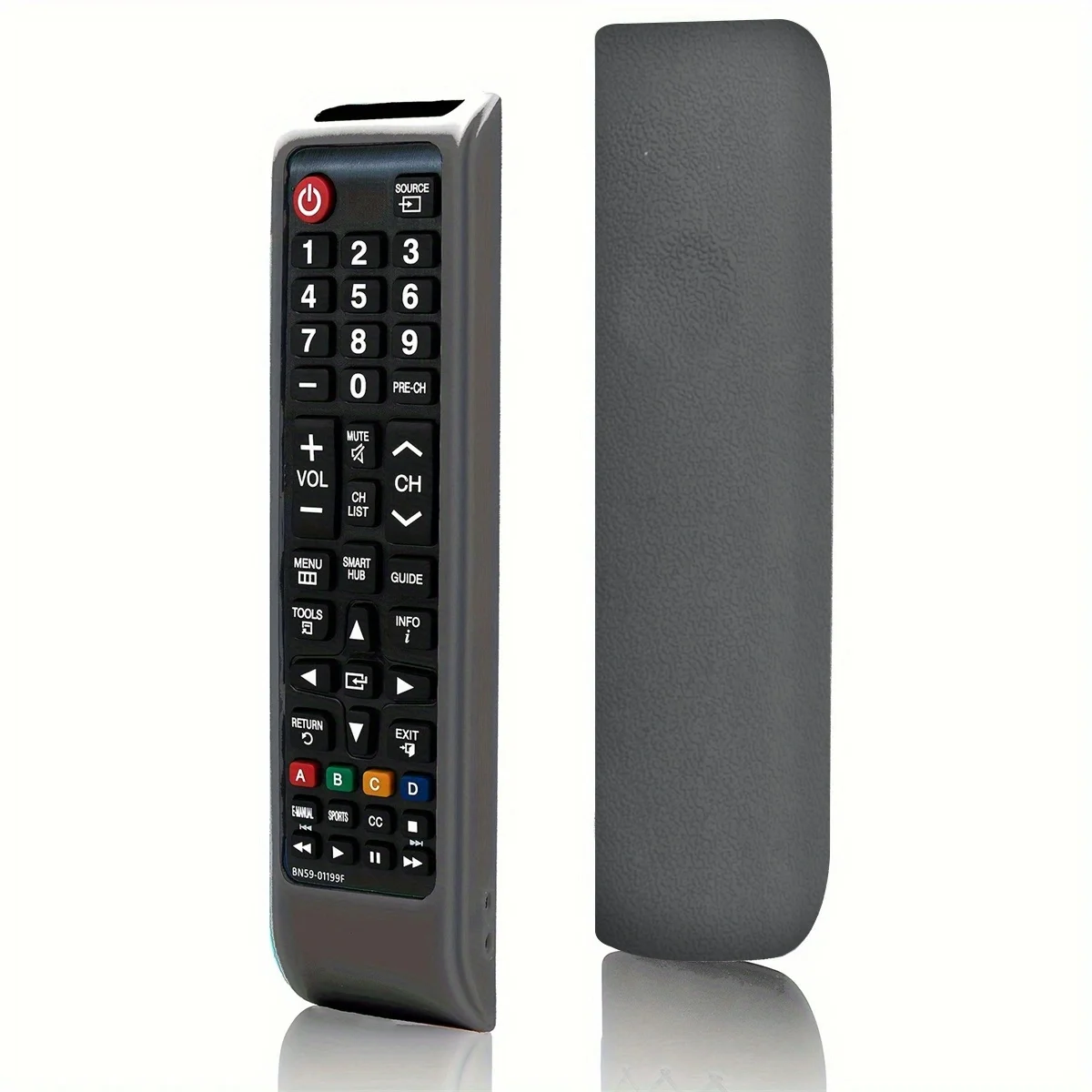 Samsung TV remote inside silicone sleeve displaying full front view