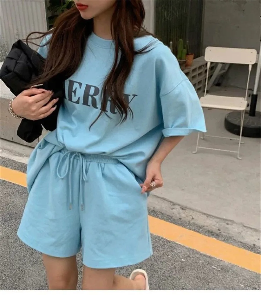 Women's Two Piece Set Pink Streetwear Letter Printing Loose O Neck Short Sleeve Pullover T-shirt+Casual Basic Short Pants Outfit tracksuit for women