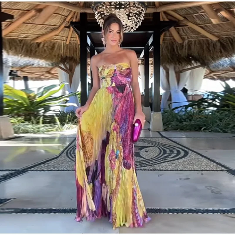 Plissee Gedruckt Trägerloses Kleid Boho Ärmel Slim Fit Off Schulter Party Kleid Roben Strand Falten Frauen Flauschigen Lange Kleider Neue – Detail 15
