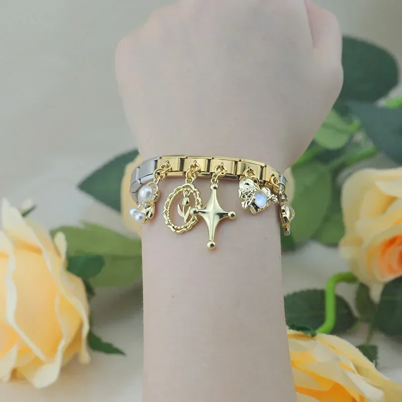 Charm Bracelet Hapiship Daisy Cross Heart Moon Crown CZ Italian Charm Fit 9mm Bracelet Stainless Steel Jewelry Making DJ804