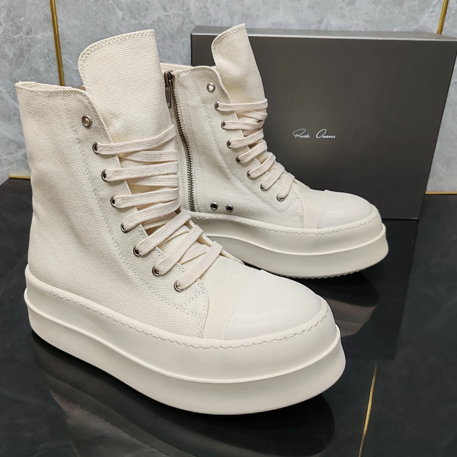 Ricks shoes beige canvas high boots thick and low loose high shoes fashion men's and women's tide men's boots.