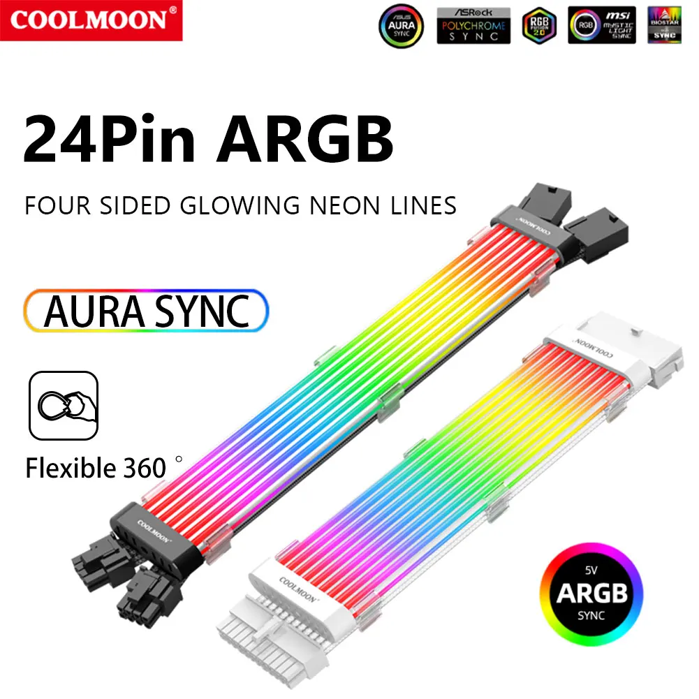 COOLMOON ARGB 8Pin/24Pin Motheboard Extension Cord Wire 5V 3PINx2+4PIN PC Case Power Supply Decorative Line Computer Lamp Strip