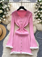 Knitted Dr Women's Autumn High Waist Midi Skirt Sle Wooden  Collar Slimming Beautiful Lady Long Sve Dr