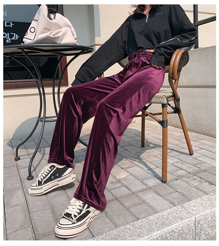 

Sweat Pants Women Streetwear Gold Velvet Wide Leg Pants High Waist Fashion Casual Elastic Waist Mopping Trousers