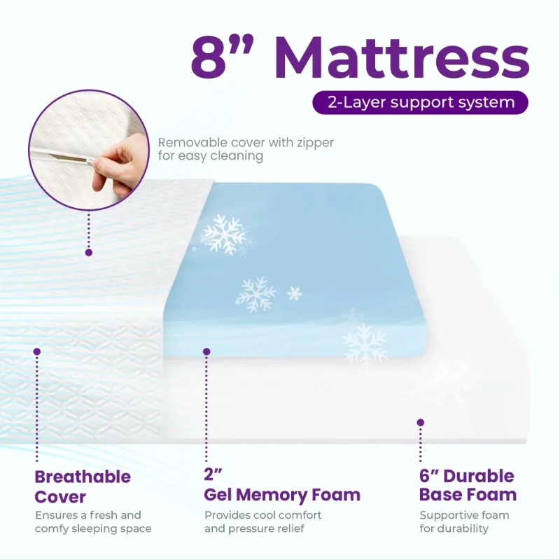 8" Gel Memory Foam Mattress in a Box Medium Firm Pressure Relief with Breathable Cover, Adult, Twin 5