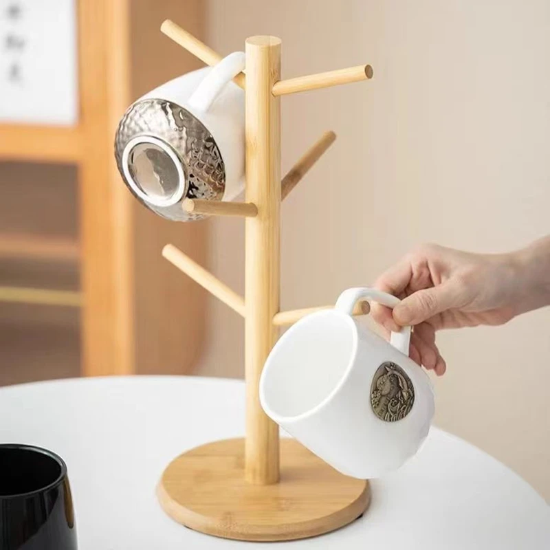 Description Picture 2 of itemBamboo Mug Hanging Display Rack Drinkware Shelf With 6 Hooks Tree Shape Wood Coffee Tea Cup Storage Holder Stand