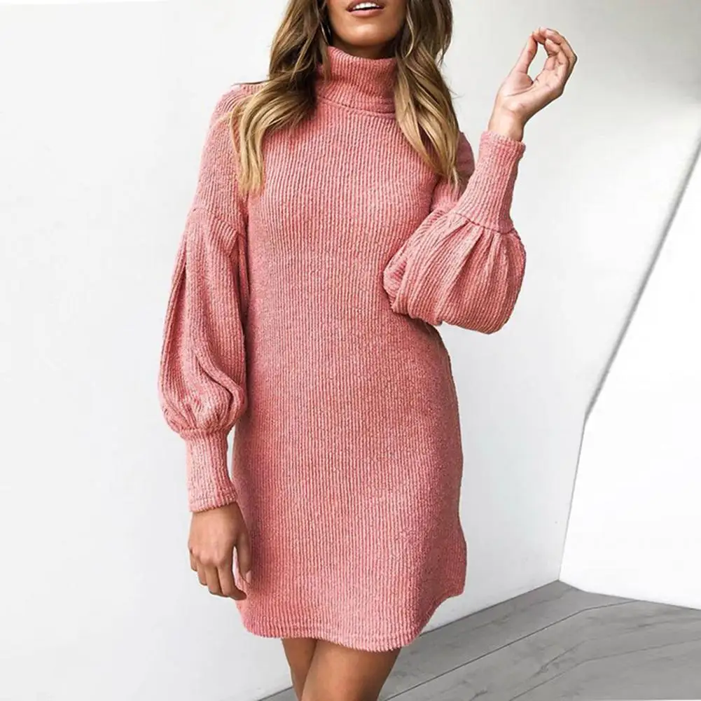 

Women Dress Soft Dress Cozy Knitted Sweater Dress Women's Fall/winter High Collar Neck Protection Long Lantern Sleeves Elastic