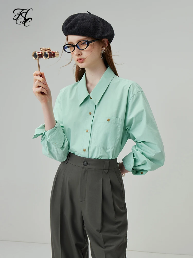 

FSLE 100% Cotton Commuter Long Sleeve Solid Blouses Contrast Color Button Design Straight Casual Shirts Drop Sleeve Women Tops