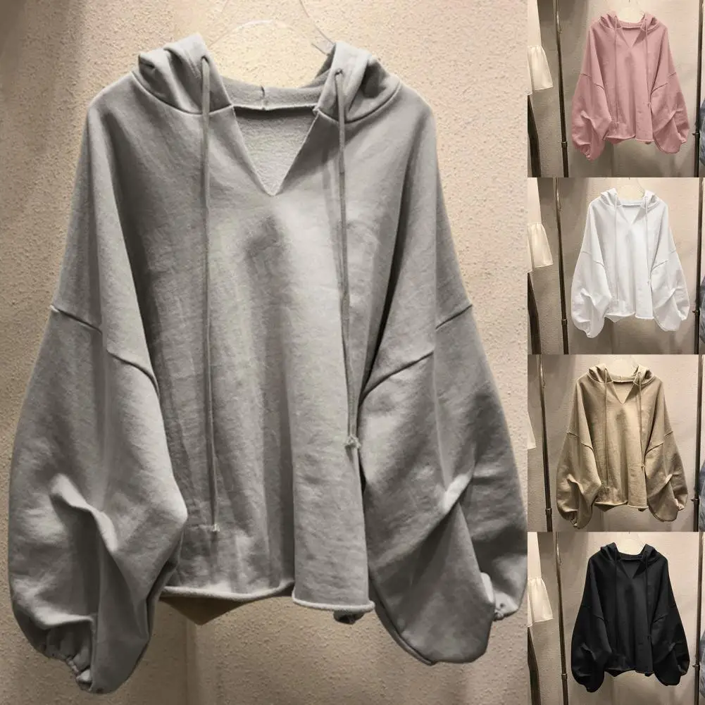 

Women Hoodies Sweatshirt Solid Color Drawstring Pullover Hoodie Autumn Batwing Sleeve V-Neck Women Sweatshirt Loose Jumper 2021