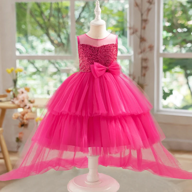 

Trailing Elegant Girls Princess Dress Birthday Party Gown Flower Kids Bridesmaid Clothes Weddings Baby Lace Bow Ceremony Costume