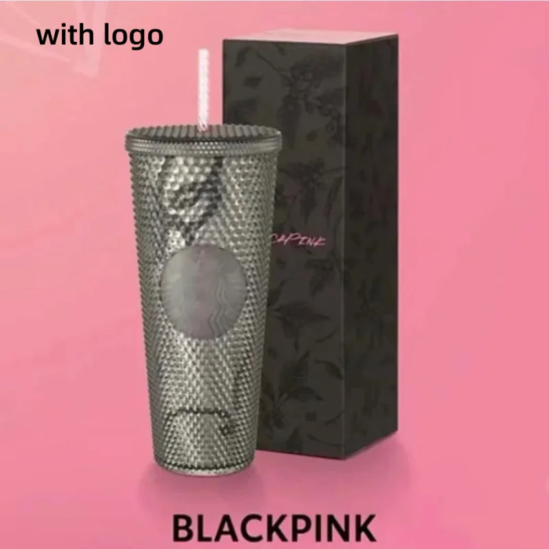 

1pcs 710ml/24oz New Korean Girl Group Black Pink Co branded Style with Straw with Logo Durian Cup Diamond Cup with Box