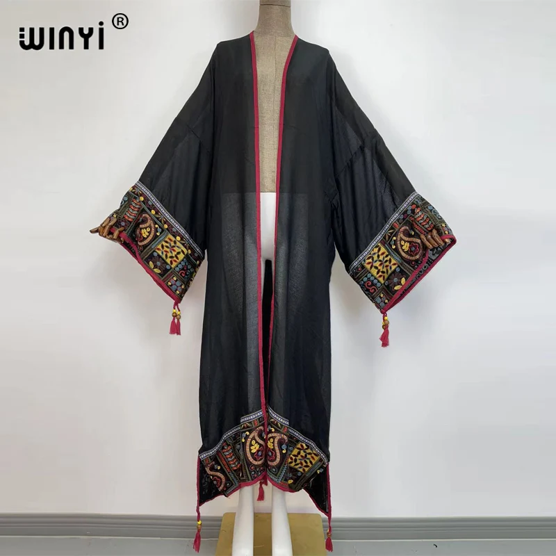 WINYI 2022 summer Sexy See Through Embroidered Long Kimono stitch Beachwear Women Tops and Blouses Middle East Muslim Abaya long flowy beach dress