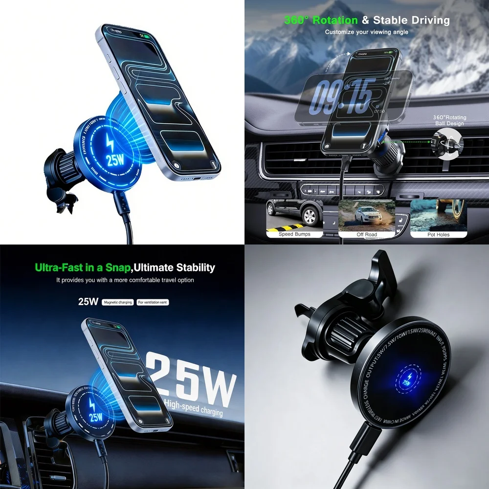 Fast Magnetic Wireless Charger Car Vent Mount with 360° Rotation Phone Holder