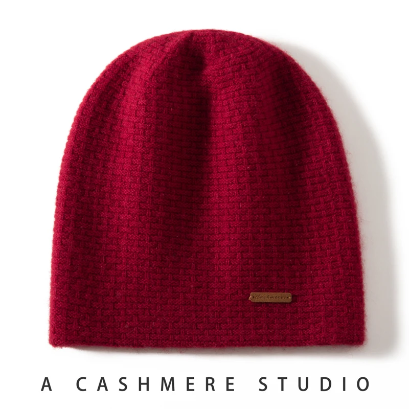 High Quality 100% Cashmere Knitted Hat for Women Casual Beanie Hats Lady Thick Cashmere Cap Winter Soft Warm Outdoor Solid Cap 2