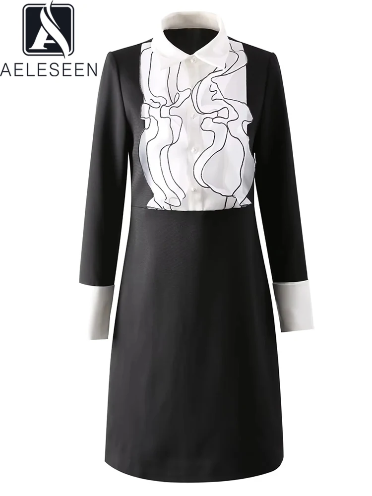 

AELESEEN Office Ladies Black Dress For Women Spring Summer Turn-down Collar Contrast Color Ruffles Patchwork Elegant Slim