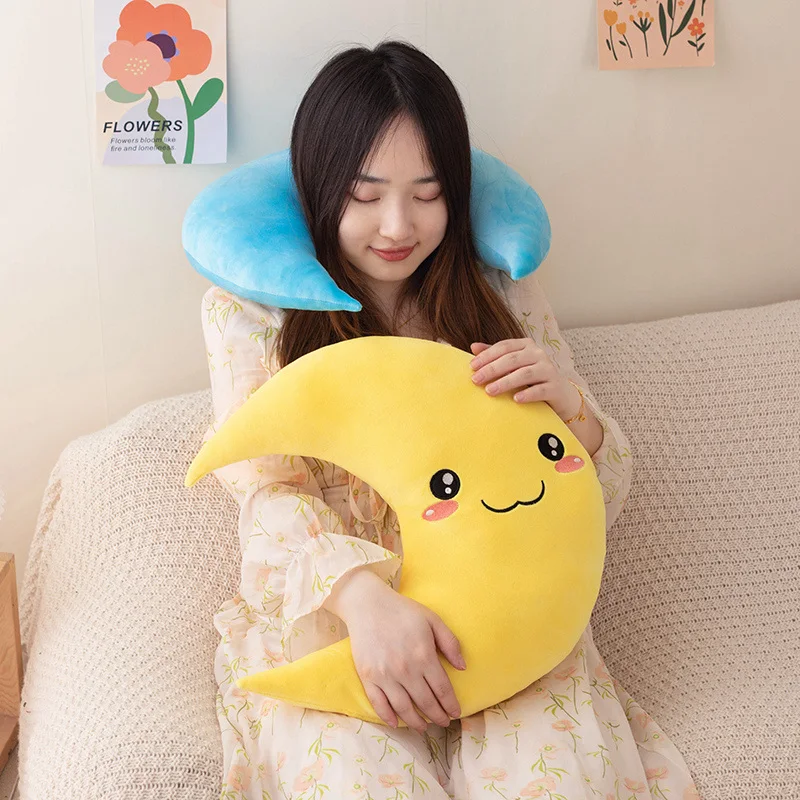 Kawaii Waterdrop Moon Plush Pillow Stuffed Smiling Shy Face Decor Plushie Neck Support for Cot Sofa Chair 5