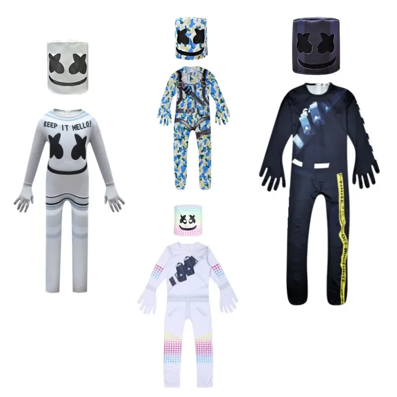 

Kids Popular DJ Marshmello Cosplay Halloween Costume with Headgear Boys Girls Jumpsuit Carnival Party Performance Bodysuit