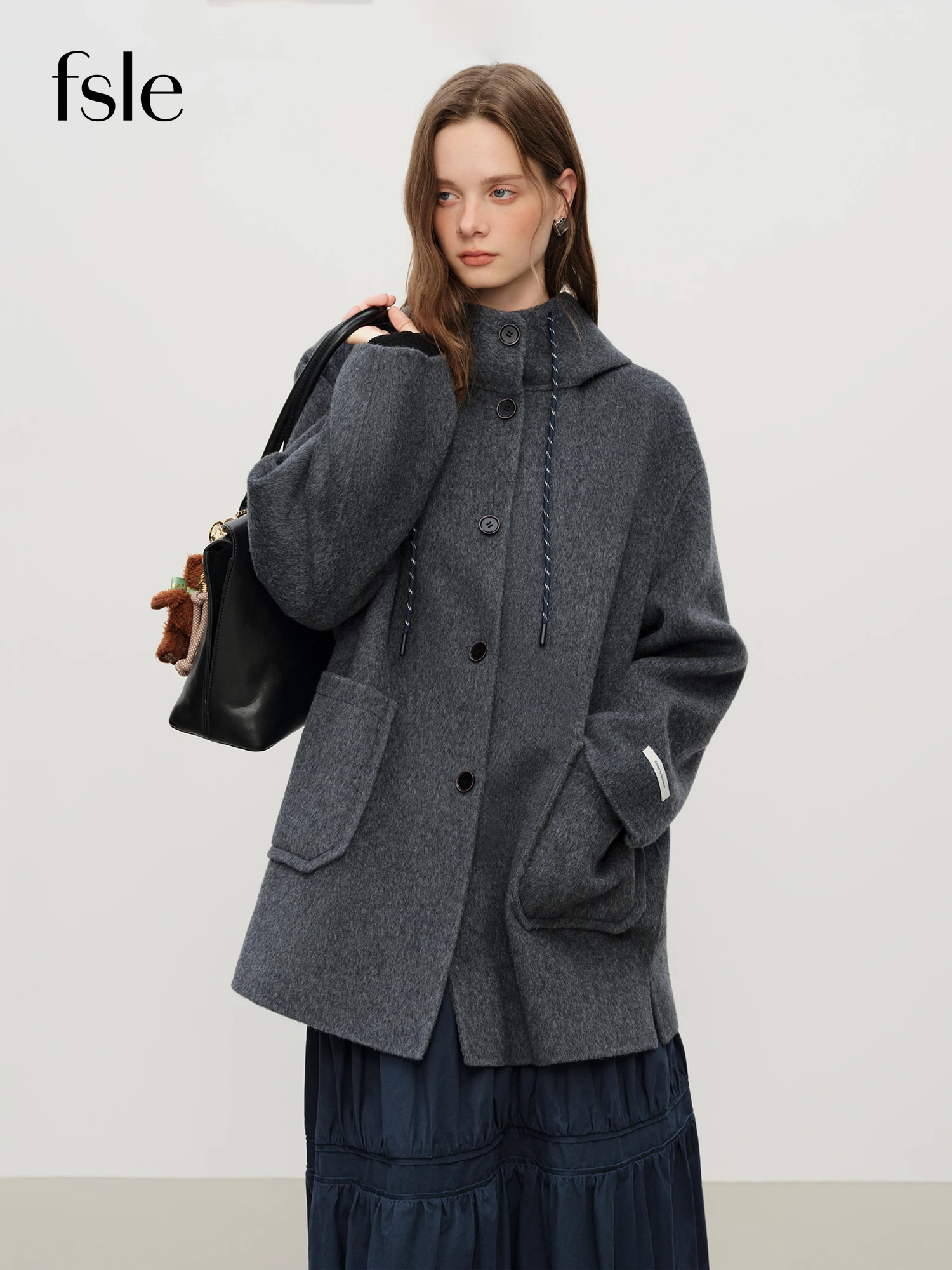 Hooded Reversible Mid-Length Wool Coat