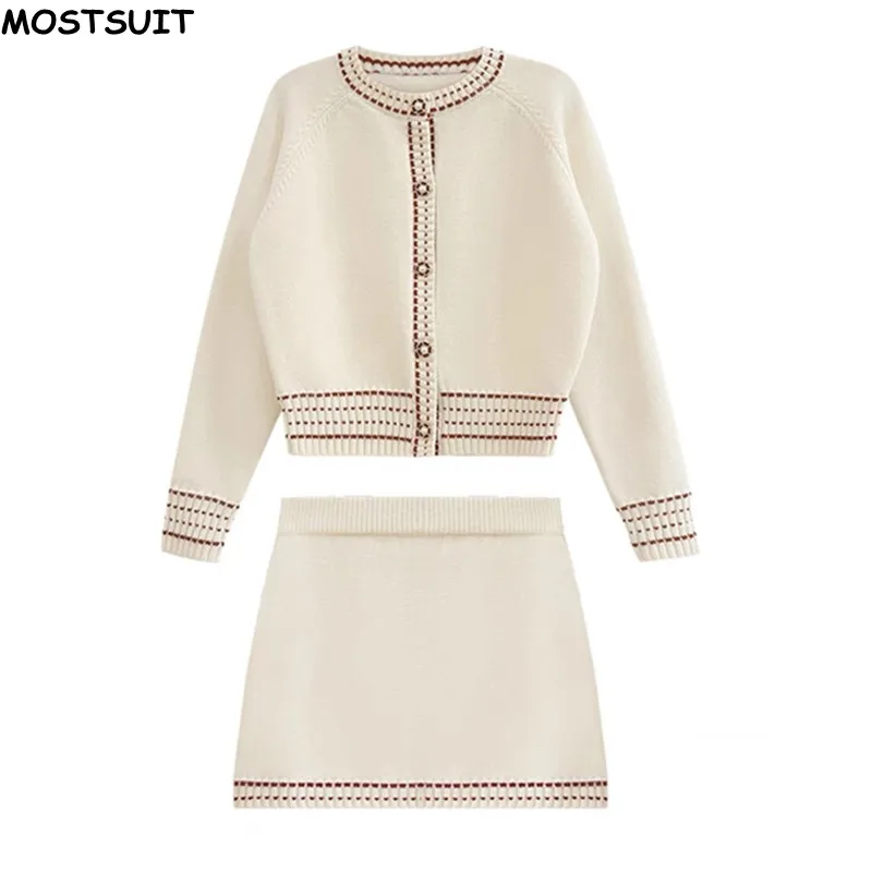 Женский элегантный вязаный комплект из 2 предметов, Кардиган с длинным рукавом и юбка с высокой талией, винтажный Модный женский комплект