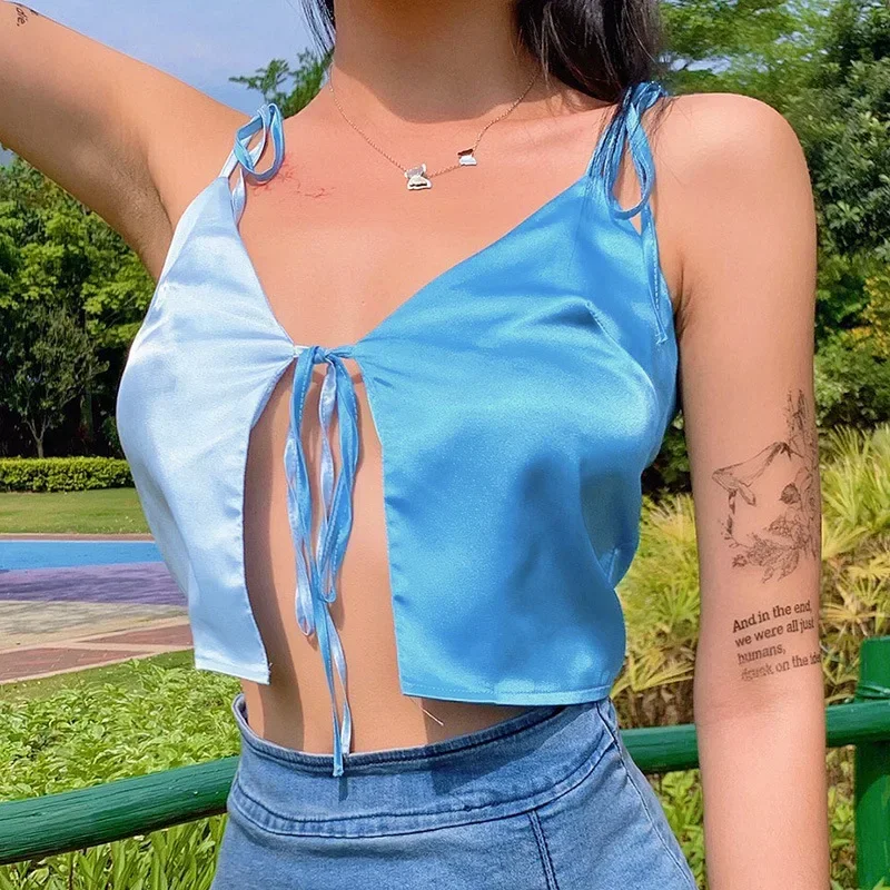 

Casual Bandage Patchwork Sling Top Summer Clothes for Women Sexy Blue Crop Tops Fashion Satin V-neck Sleeveless Short Tank Tops