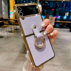Luxury Plating Diamond Round Ring Leather Phone Case - Glitter Shine Shockproof Cover for Galaxy ZFlip4 5G (Purple)
