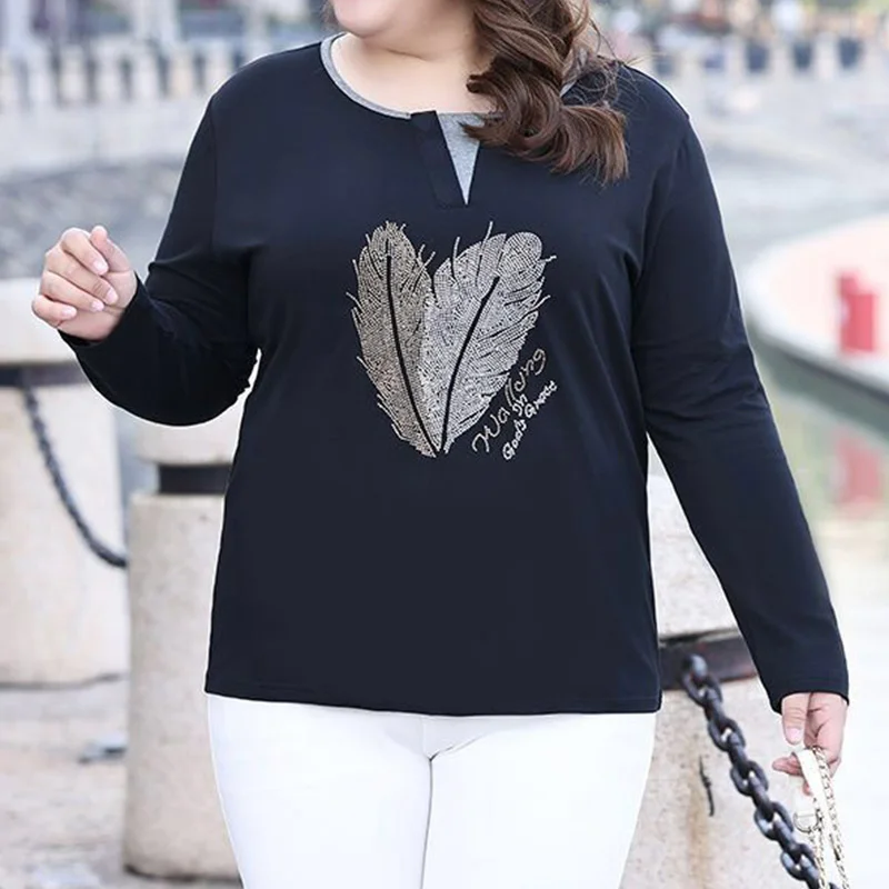 Office Lady Fake Loose Two Pieces T-Shirt Korean Crew Neck Diamonds Patchwork Long Sleeve Top Spring Autumn Plus Size Clothes