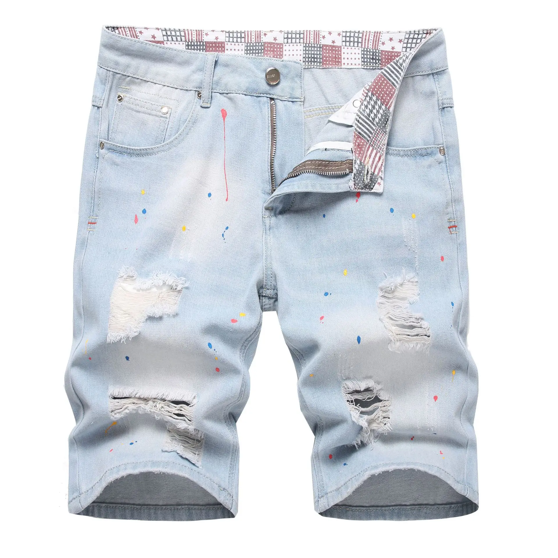 Summer Perforated Denim Shorts Men's Speckled Ink Paint Scratched Midrange Pants Jeans Print Gradient Plaid Fabric Inner Fit 024