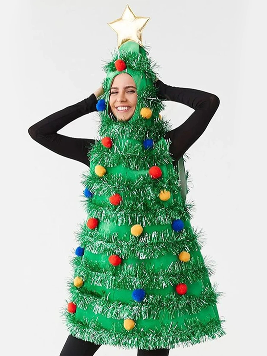 Christmas Tree Costume Sleeveless Hood Tops Green Plush Star Tinsel Adult Cosplay Party Prop Festive Holiday Outfit