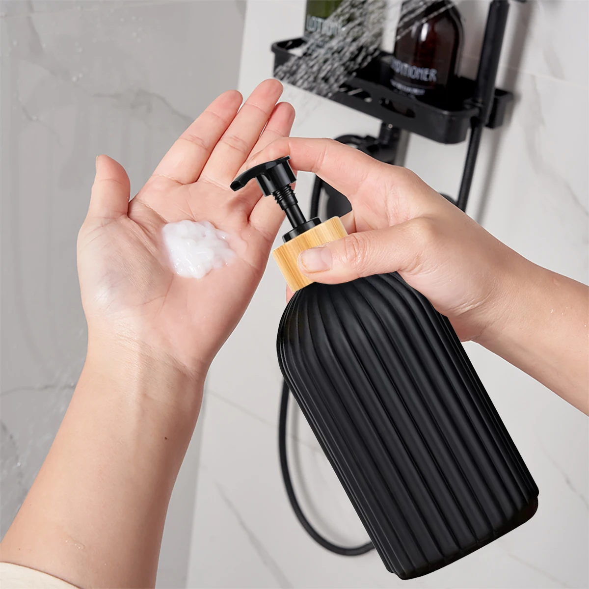 Hand Foaming Soap Dispenser Bottle 2pcs/set With Toothbrush Toothpaste Holder Morden Stripe Design Hand Dispenser Bomboo Pump Li
