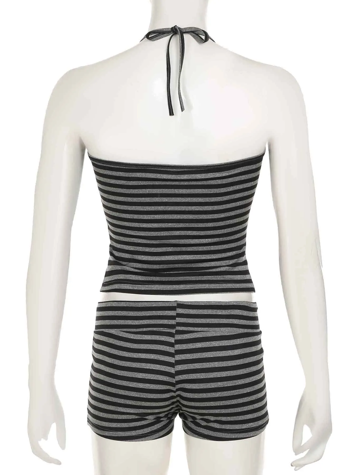 IAMSURE Casual Striped Shorts Set Women 2024 Y2K Slim 2 Piece Sets Housewear Backless Bandage Halter Top Low-Waisted Shorts Lady 6