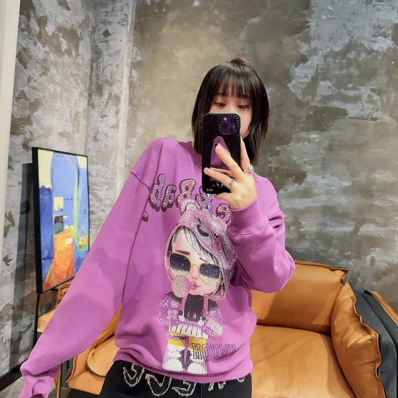

Blingbling Luxury Trendy Cool Girl Hot Drilling Purple Sweatshirt Age Reduction Spring Autumn Round Neck Casual Loose Hoodie Top