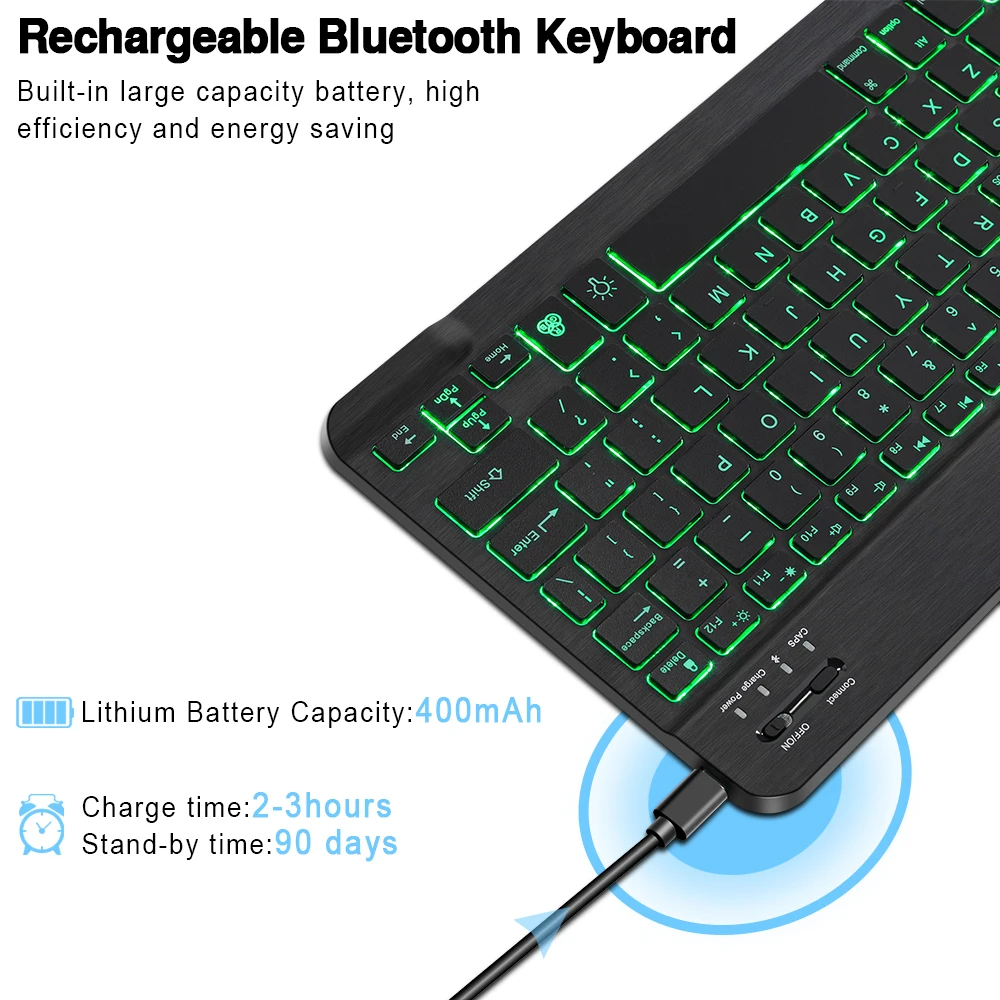 Clavier et souris Bluetooth sans fil rechargeables RVB, russe, espagnol, coréen, rétro4.2 pour iPad, Android, IOS, Windows, tablette, ordinateur portable